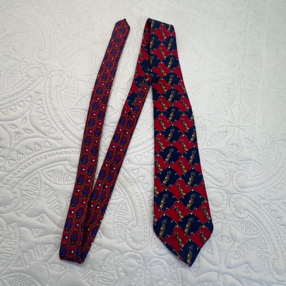 Tommy Hilfiger Mens Golf Bag Silk Tie Red Navy Blue Diamond Pattern Preppy